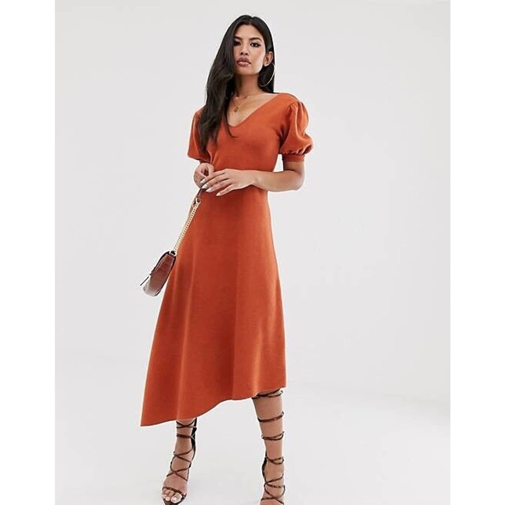 ASOS Rust Orange Puff Sleeve Midi Dress